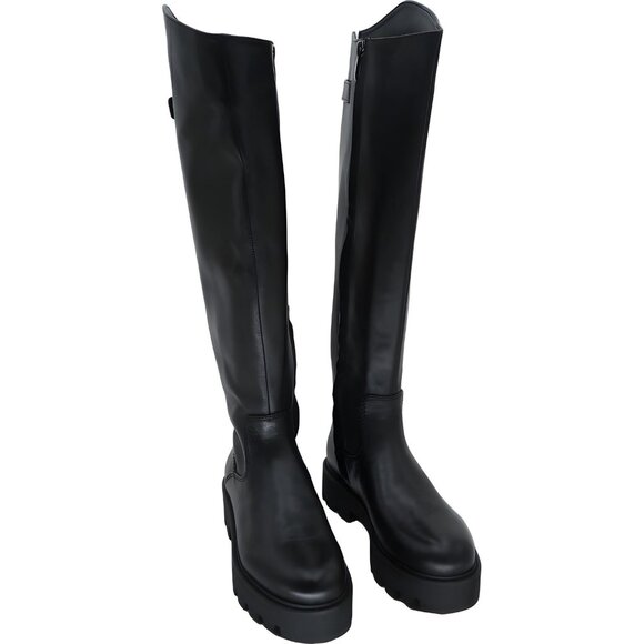 Franco Sarto Balinboot Knee High Black Leather Lug Sole Boots Women's US 5.5M - Picture 1 of 6